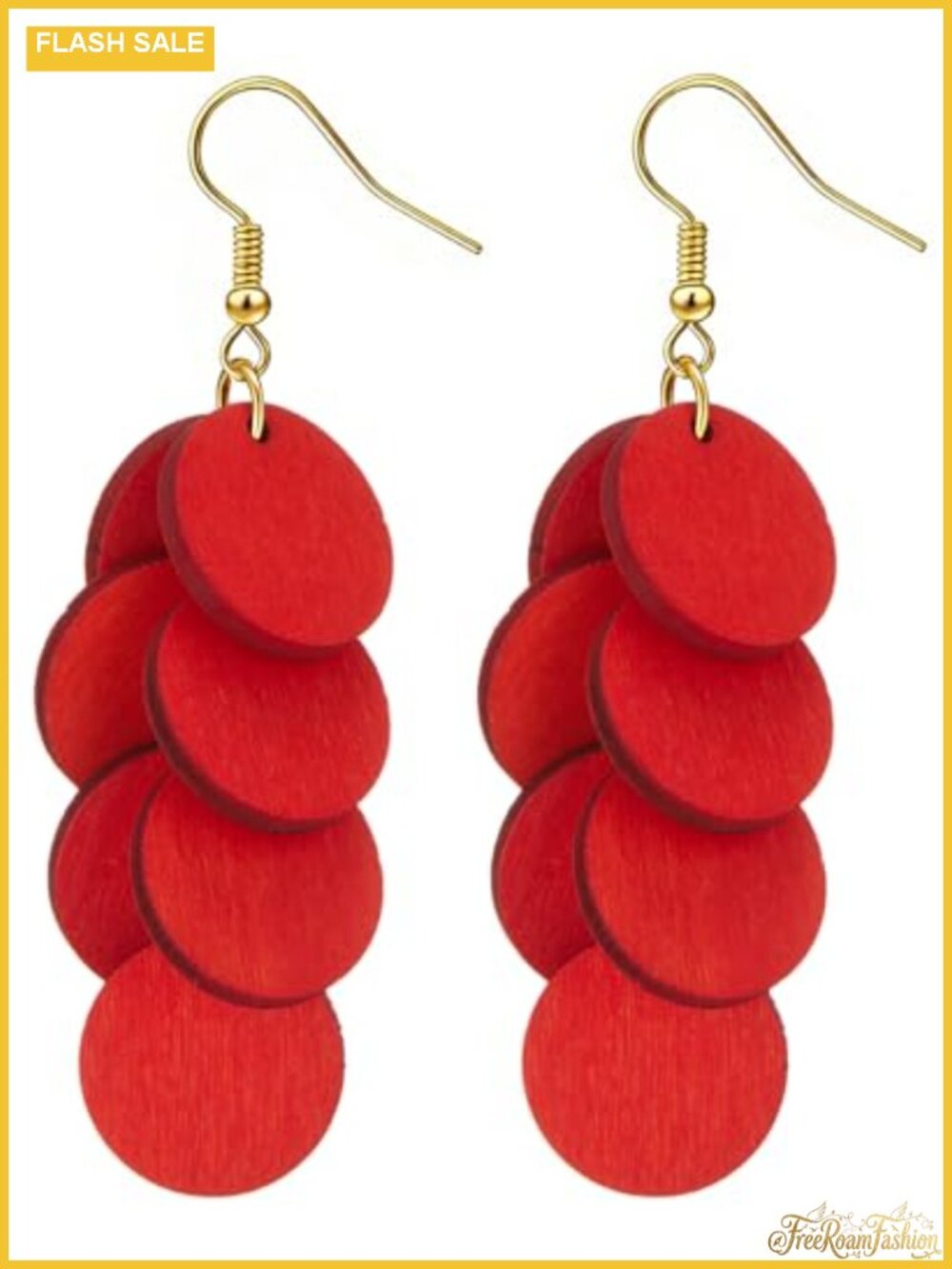 Wooden Layered Disc Dangle Earrings Boho Round Drop Women Lightweight